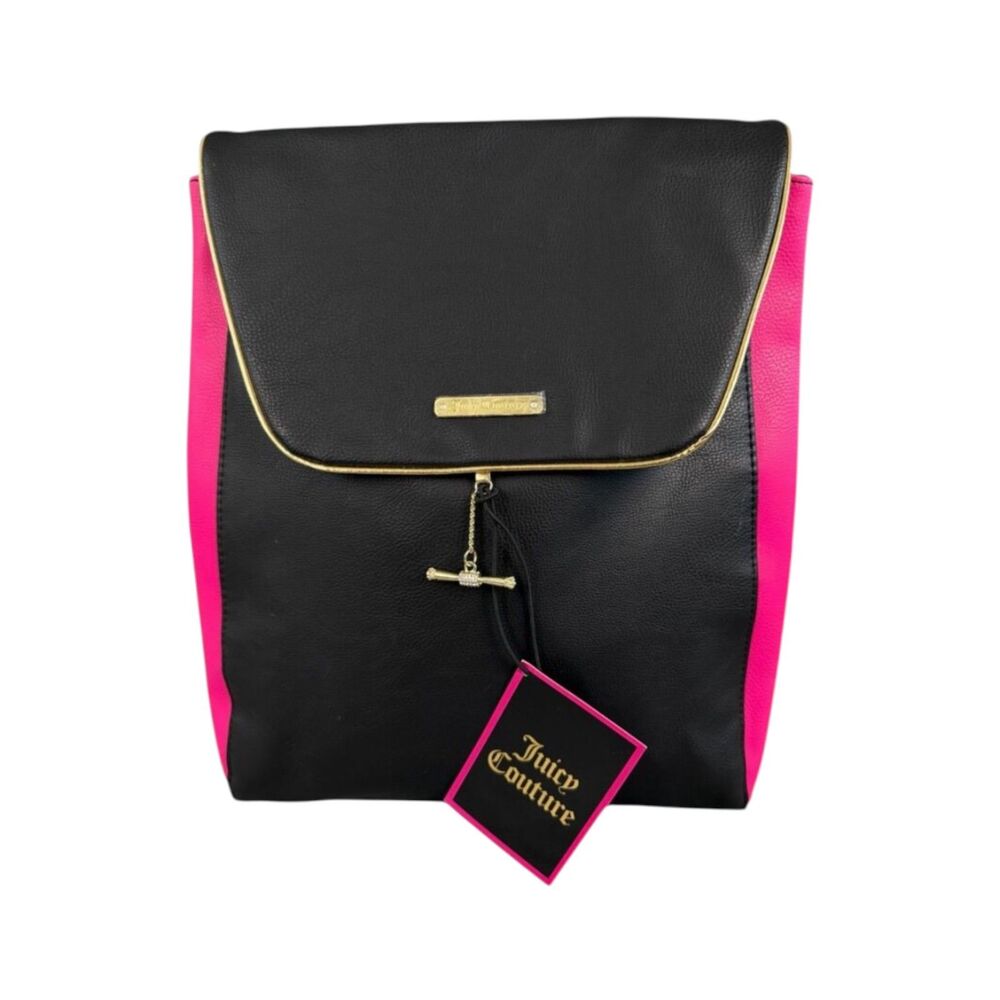 Juicy Couture Black Hot Pink Backpack NWT Faux Leather Gold Charm Y2K Retro